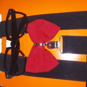 Adult Nerd Costume Black Glasses, Suspenders, Bow Tie NEW